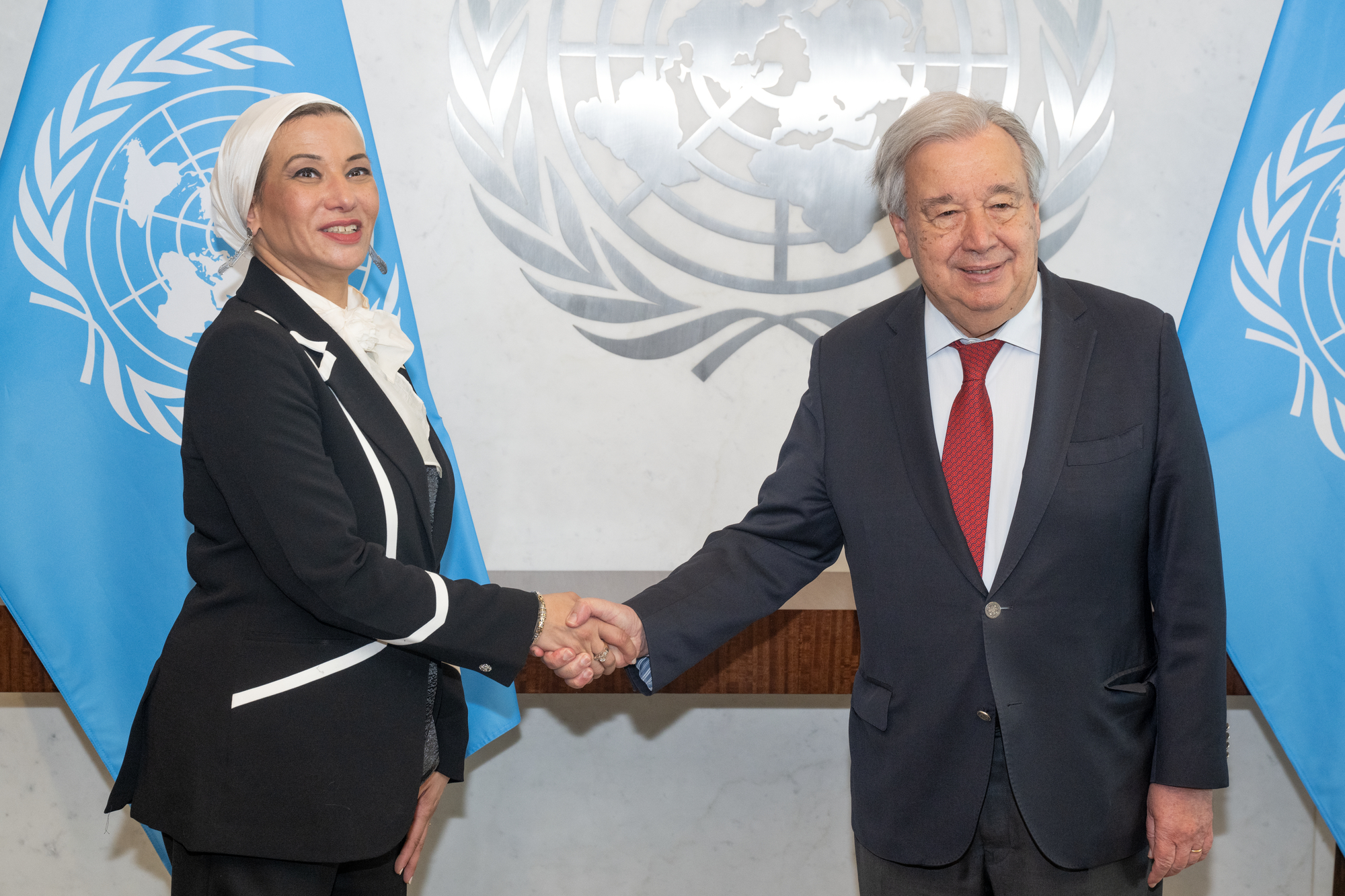 Yasmine Fouad and Antonio Guterres shaking hands (NY 2026)
