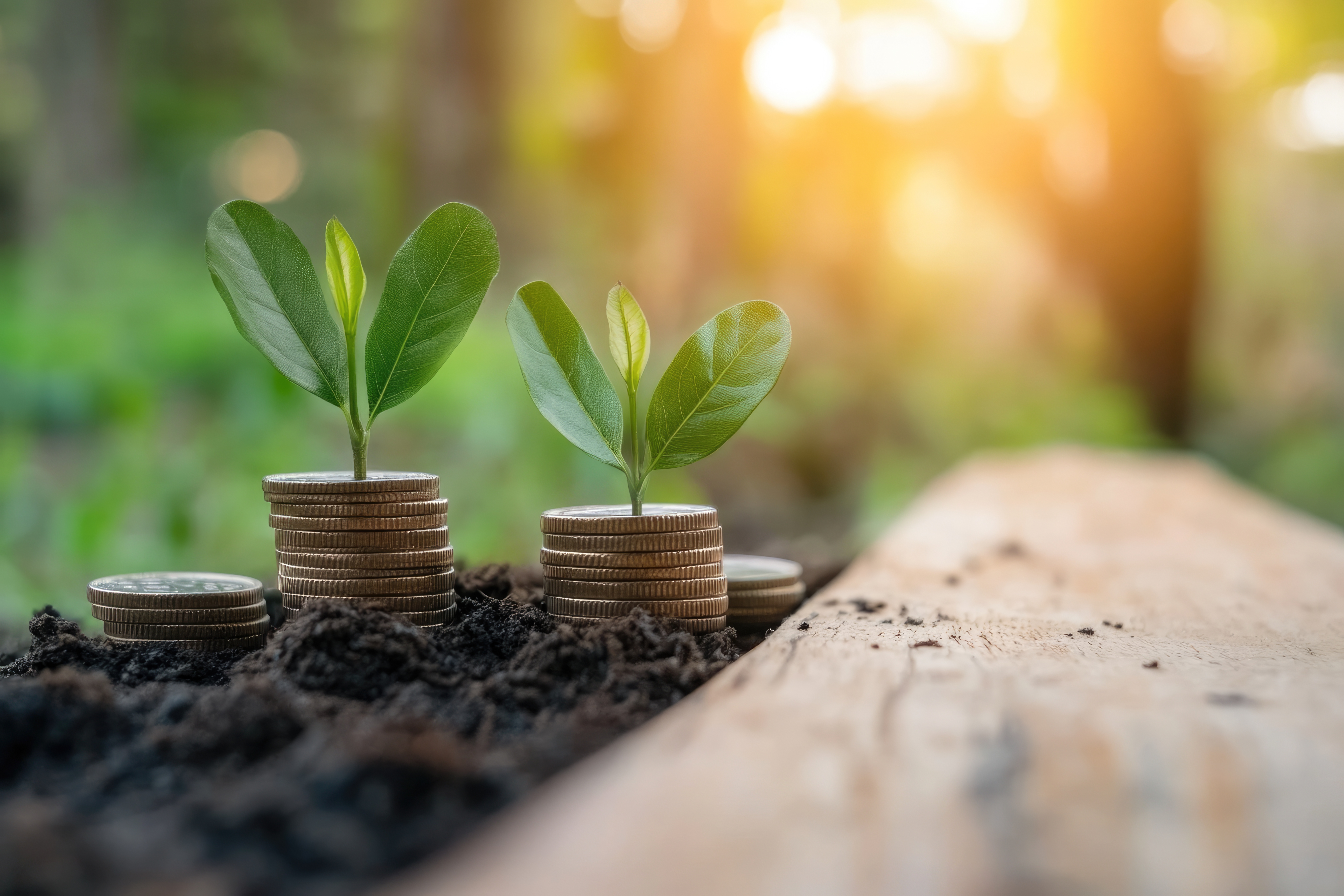 Small green plants growing out of coin stacks in soil.