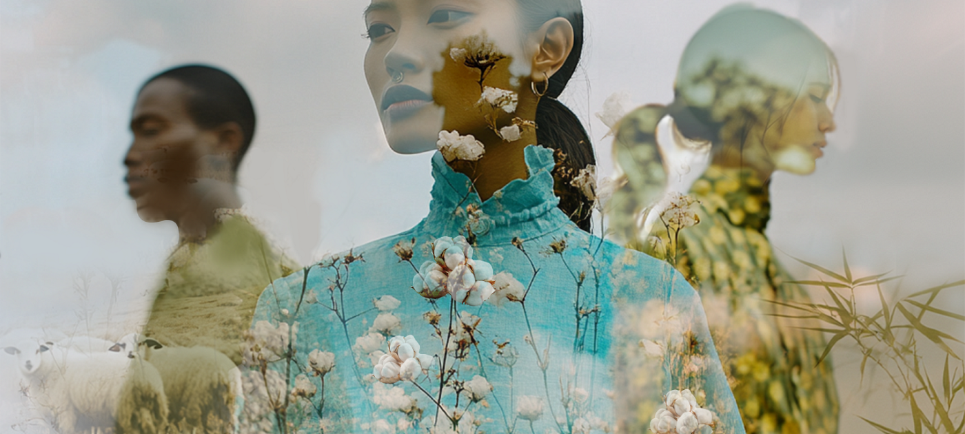 Double-exposure fashion image layering three models with natural landscapes.