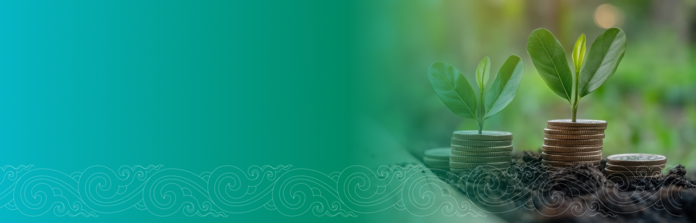 Banner with growing plants on coin stacks over soil.