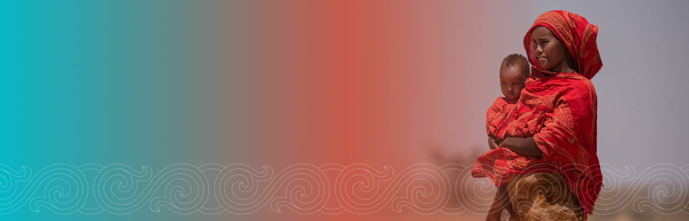 Banner featuring a woman in red clothing holding a child.