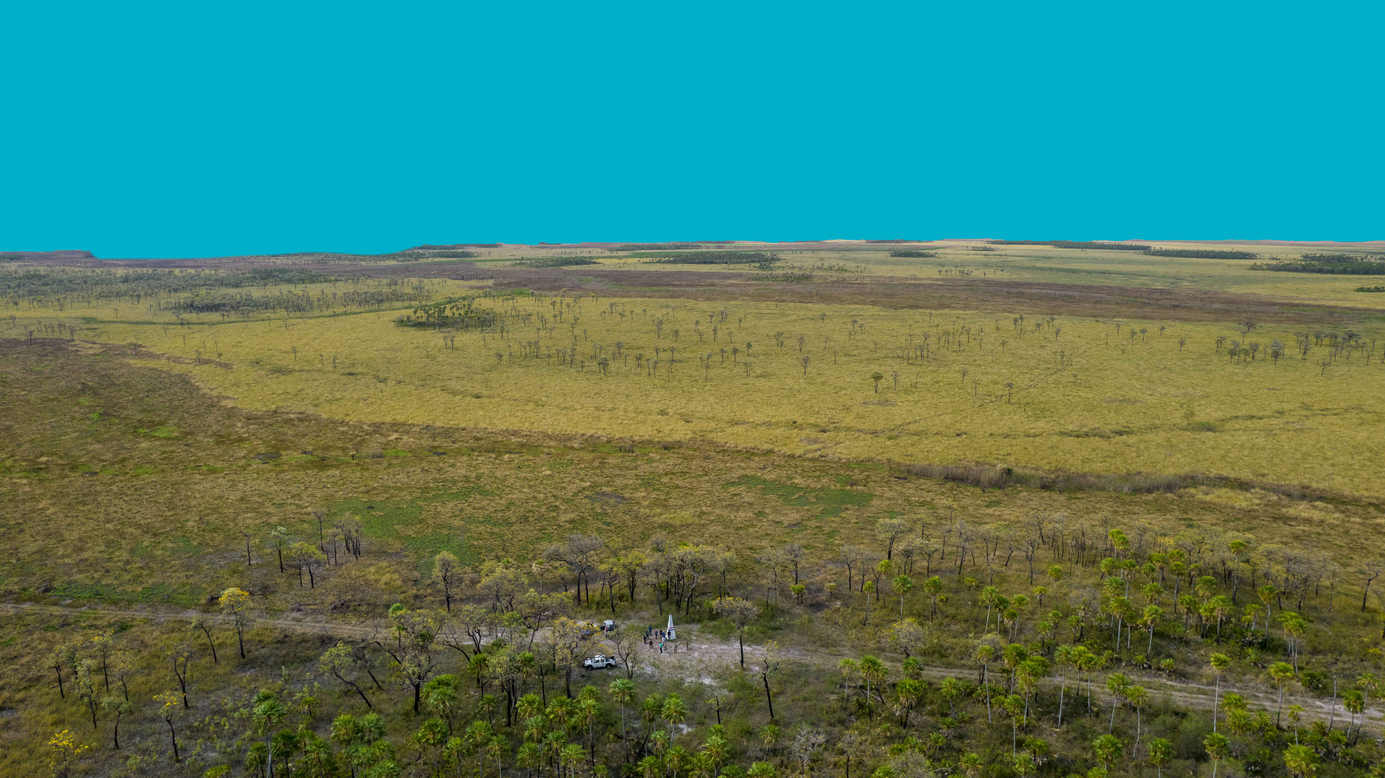 Aerial view of a savanna landscape with scattered trees, grassland, group of people and vehicles.