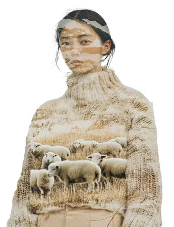 Double-exposure portrait: woman in turtleneck, pasture with sheep inside